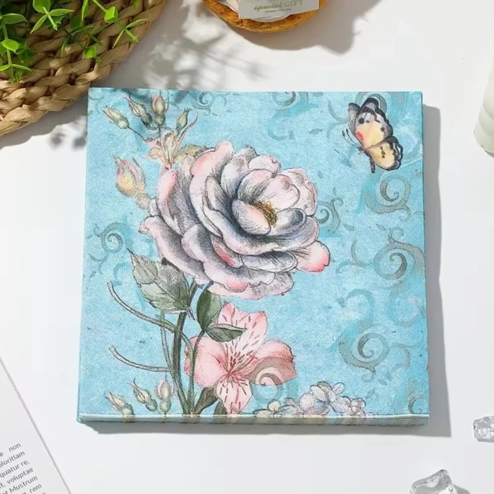 Floral Rose on Blue Luncheon Paper Napkins, 20 ct